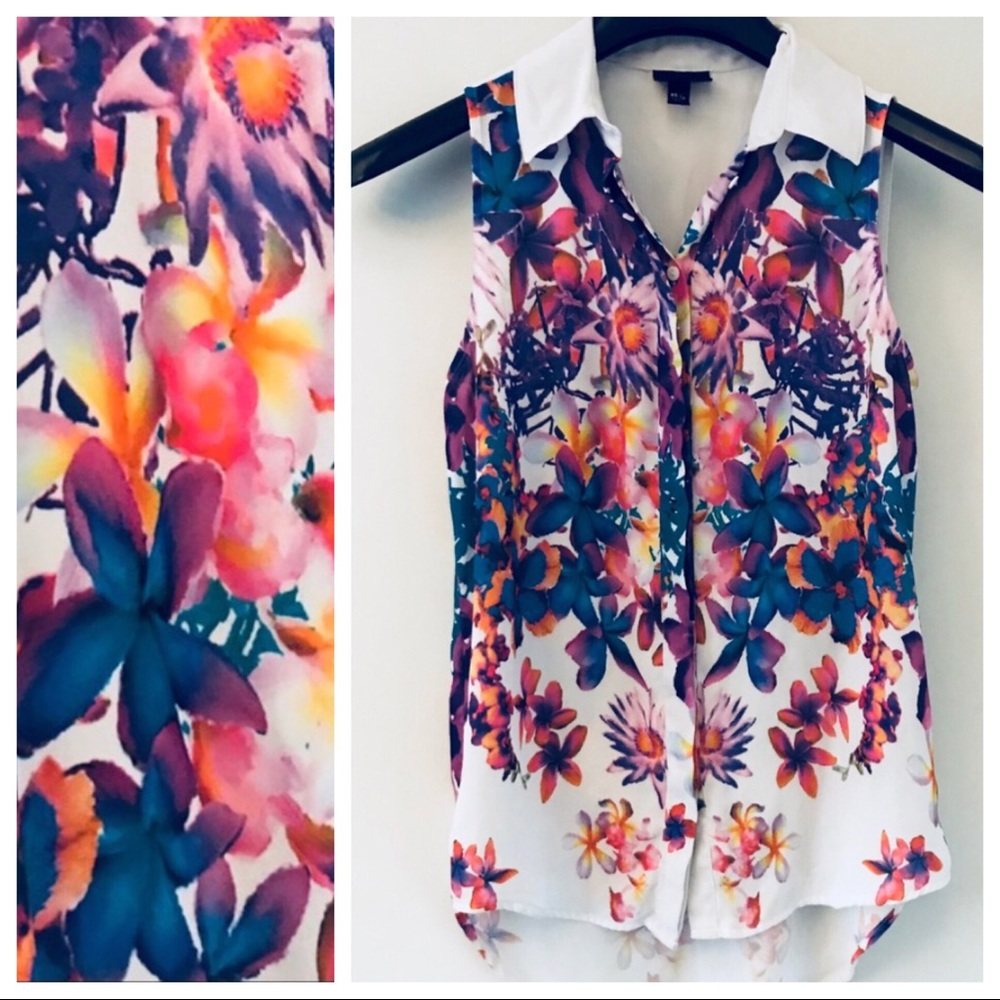 Tropical print sleeveless blouse hi-low hem sz XS